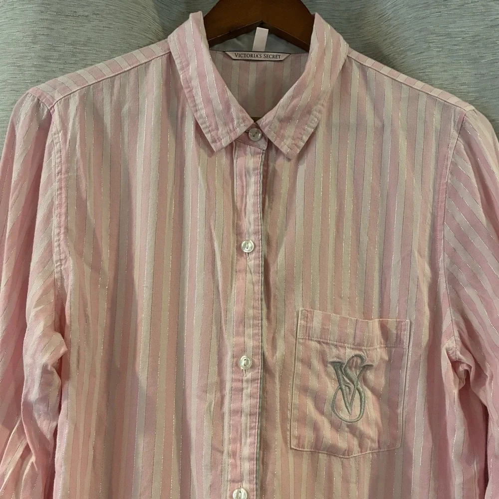 Victorias Secret Pink Striped 2 Pc Pajama Pant Set Silver Shimmer PJs Womens S